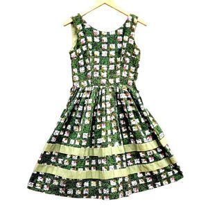 50s Womens Dress Medium Vintage Fit and Flare Green Cotton Sleeveless